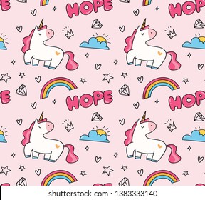 Unicorn and rainbow seamless background in kawaii style vector