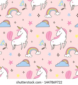 Unicorn and rainbow seamless background in kawaii style vector