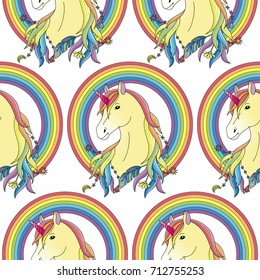 Unicorn with rainbow seamless pattern, fairytale wallpaper, textile print.