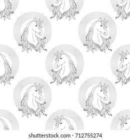 Unicorn with rainbow seamless pattern, fairytale black and white wallpaper, textile print.