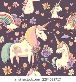 Unicorn, rainbow seamless pattern with flowers, hearts. Happy cartoon character fairy animals. Vector repeat background with beautiful delicate unicorns. Girl cute wallpaper design