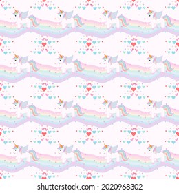 Unicorn rainbow seamless pattern with pastel background.