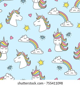 Unicorn and rainbow seamless pattern. Vector background.