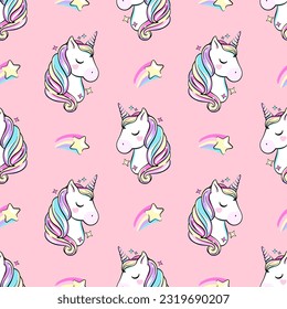 Unicorn and rainbow star seamless pattern. Magic, fairy tale kids background