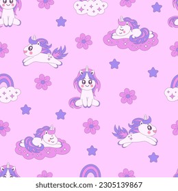 Unicorn rainbow stars seamless pattern. Cute pastel colored childish endless background with fairytale animals and flowers. Girlish repeat vector illustration for baby girls