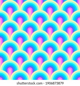 Unicorn rainbow stripes pattern. Neon pastel rainbow illustration. Seamless vector background. Mermaid scales pattern. Abstract geometric wave background.