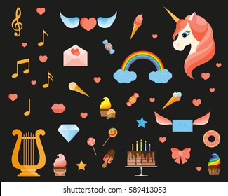 Unicorn, rainbow, sweets, winged hearts and envelopes and other elements. Icon set for web and mobile application. Vector illustration on black background. Flat design style