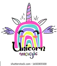 Unicorn rainbow t shirt design. Colorful illustration witn Calligraphic text and funny magic animal character.