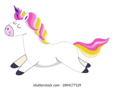 Unicornio con cola de arco iris y cuerno corriendo libre y alegremente. Carácter animal aislado, pony o caballo. Criatura mitológica, cuento de hadas animalista pegasus lujoso para los niños. Vector de estilo plano