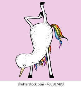 Unicorn with rainbow tail performs a handstand