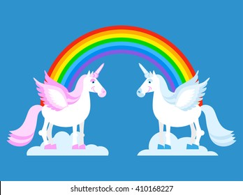 Unicorn and Rainbow. Two cute fantasy creatures in clouds. Fabulous beast with horn in his forehead. Pink and blue mythic animal. LGBT symbol
