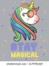 Unicorn with a rainbow vector. Motivation card with stars, decor elements, cute unicorn and text "Stay Magical".