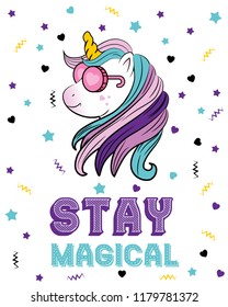 Unicorn with a rainbow vector. Motivation card with stars, decor elements, cute unicorn and text "Stay Magical".