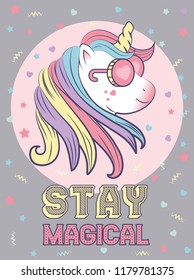 Unicorn with a rainbow vector. Motivation card with stars, decor elements, cute unicorn and text "Stay Magical".