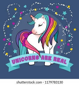 Unicorn with a rainbow vector. Motivation card with stars, decor elements, cute unicorn and text "Unicorns are REAL".