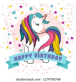Unicorn with a rainbow vector. Motivation card with stars, decor elements, cute unicorn and text "Happy Birthday".