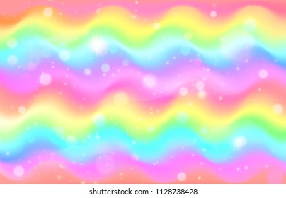 Unicorn rainbow wave background. Mermaid galaxy pattern with shiny dots particles. Pastel pink, blue, green, yellow, violet color. Vector illustration