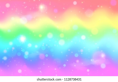 Unicorn rainbow wave background. Mermaid galaxy pattern with shiny dots particles. Pastel pink, blue, green, yellow, violet color. Vector illustration