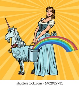 unicorn rainbow woman with bucket. Pop art retro vector illustration vintage kitsch