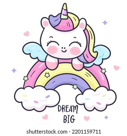 Unicorn and rainbows Pegasus on cloud (Kawaii vector). Series: Fairy tale animal, girly doodles. Perfect make a wish for birthday party children, princess party, pattern, background, wallpaper.