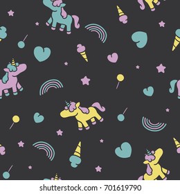 Unicorn and rainbows. Seamless background, ready for printing on textile and other seamless design.
