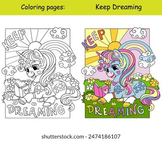 Unicorn reading the book on a blooming meadow. Keep dreaming lettering. Cartoon vector illustration. Kids monochrome coloring page with color template. For education, print, game, decor, puzzle,design