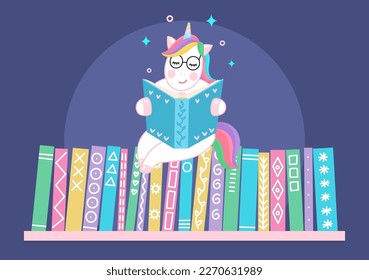 Unicorn reading book on bookshelf. Children library, bookstore, education concept.