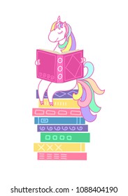 Unicorn reading book on stack of books on white background. Education, reading, studying, learning vector illustration.