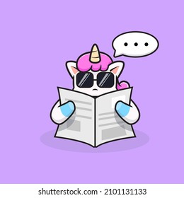 Unicorn reading newspaper cute cartoon illustration vector suitable for children books, stickers, banners, t-shirt, and other graphic product