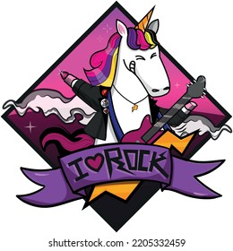 Unicornio listo para rodar dentro de un marco de diamante y su guitarra eléctrica 