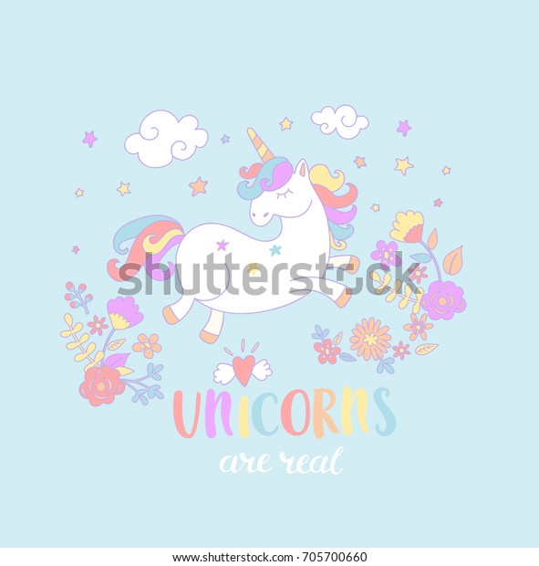  Unicorn\
are real lettering with fowers in the sky. Vector illustration for\
print, greeting cars and so\
on.