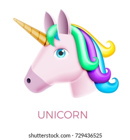 Unicorn Realistic Vector Icon Isolated on White. Head Portrait Horse Sticker, Patch Badge, Emoji. Cute Magic Cartoon Fantasy Cute Animal. Rainbow Hair. Dream Symbol. Design for kids