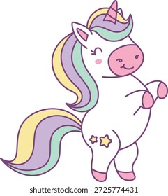 Unicorn rearing with star mark, rounded muzzle, spiral horn, and flowing mane drawn in clean lines. Symbol of magic, fantasy, wonder, dream, and imagination. Cartoon vector illustration.