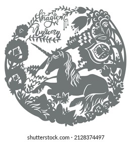 Unicorn resting in nature silhouette. Unicorn vector illustration isolated on white background. Vinyl shirt design. Prints design for t-shirts, cricut, papercut, decor, lasercut metal screen.