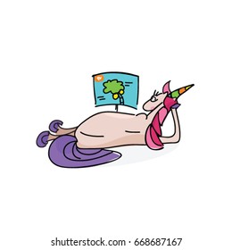 Unicorn resting vector illustration. Unicorn watching TV vector