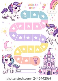 Unicorn reward chart for girls and boys. Cute baby unicorn. Table of behavior and routine work of kids. Vector illustration