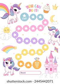 Unicorn reward chart for girls and boys. Cute baby unicorn. Table of behavior and routine work of kids. Vector