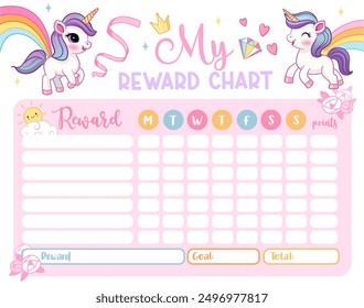 Unicorn reward chart for girls and boys. Cute baby unicorn. Table of behavior, chores and routine work of kids. Vector