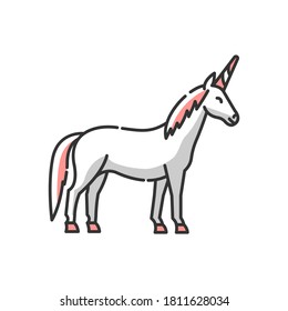 Unicorn RGB color icon. Mythical creature, fairy tale animal mascot. Childish fantasy animal, kids fable. Magical horse with horn isolated vector illustration