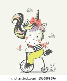 Unicorn ridding on a bicycle. hand drawn vector illustration in vintage style. Can be used for baby t-shirt print, fashion print design, kids wear, baby shower celebration greeting and invitation