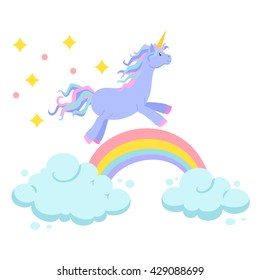 Unicorn ride on rainbow and clouds magic vector set. Cute cartoon illustration. Birthday greeting card. Child poster
