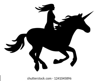 Unicorn rider with long hair / black and white, vector, isolated