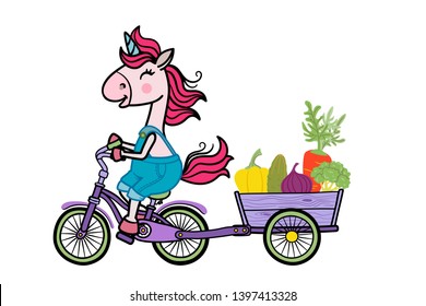 Unicorn rides a bicycle with a cart of vegetables. Vector illustration. Cartoon character isolated on white background.