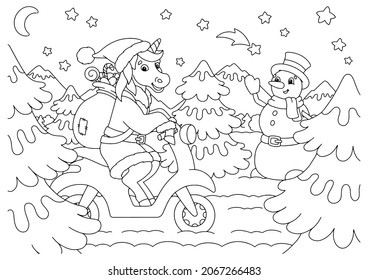 The unicorn rides a moped and carries gifts. Coloring book page for kids. Cartoon style character. Vector illustration isolated on white background.