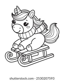 Unicorn rides on a sleigh. Merry Christmas unicorn coloring. Hand drawn vector illustration. Magical animal. Coloring book pages for adults and kids. Winter. Snow is falling.