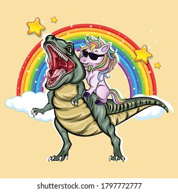 Unicorn Riding Dinosaur.T-Shirt Design.Vector Illustration.