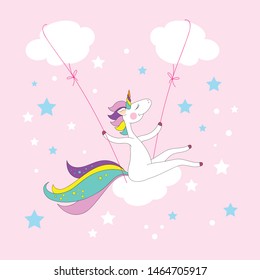 Unicorn riding on a swing in the clouds on a pink background. Vector illustration.