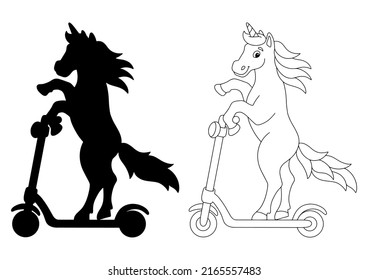 Unicorn riding a scooter. Black silhouette. Design element. Vector illustration isolated on white background. Template for books, stickers, posters, cards, clothes.