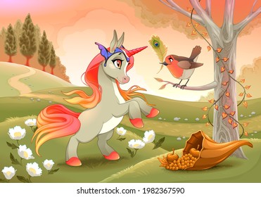 Unicorn and robin. Vector illustration for abundance. 
