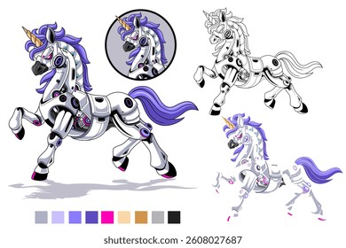 Unicorn Robot Illustration with outline and color palette